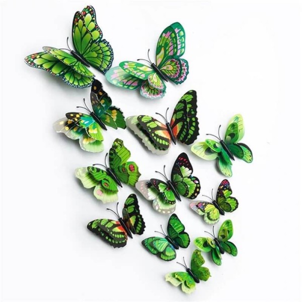 3D double butterflies with magnet, house or event decorations, set of 12 pieces, green color, A11